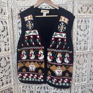Vintage Potomac Sports Christmas Sweater Vest Black Beaded Embroidered Size PL